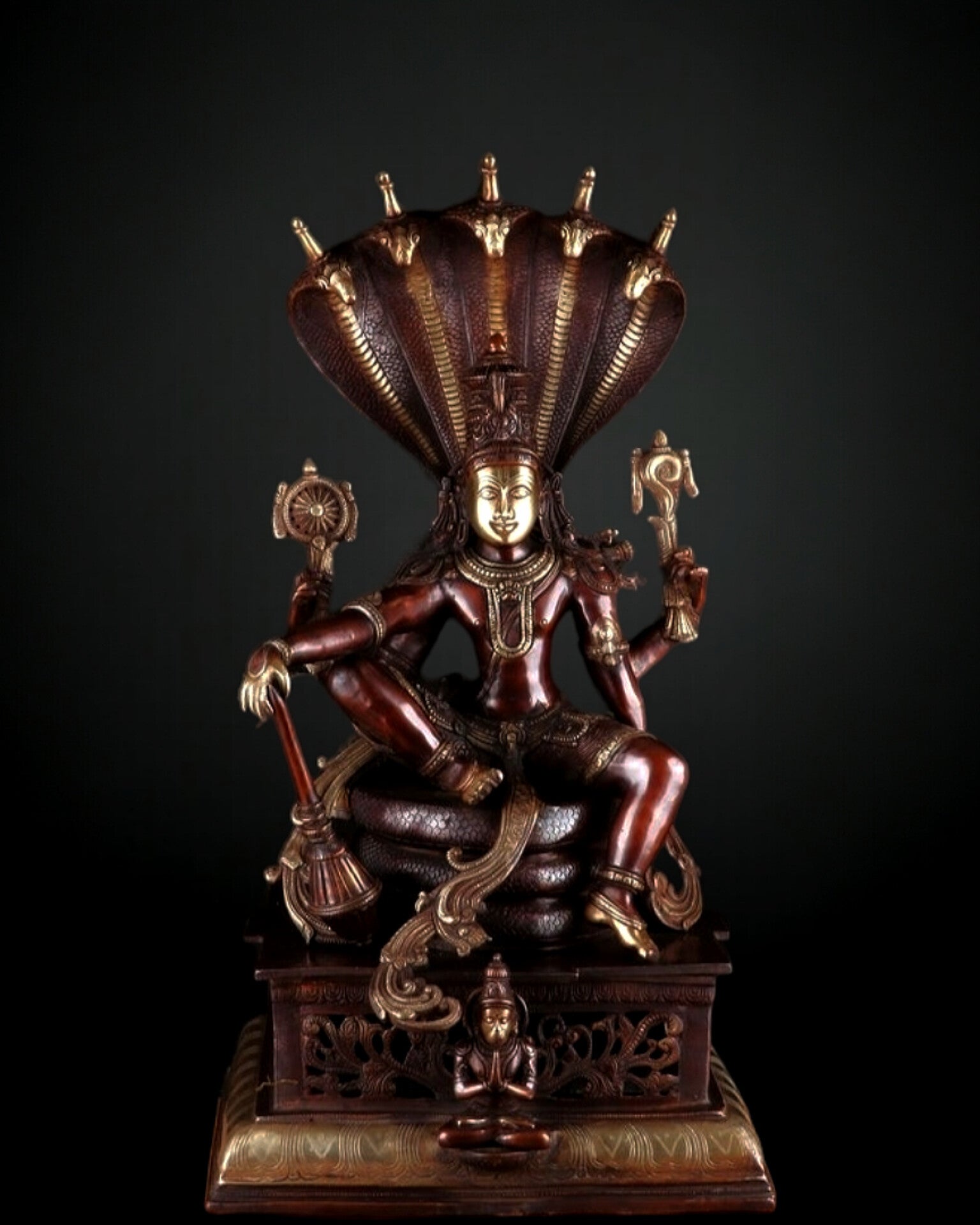 Lord Vishnu with sheshanaaga Brass statue large 30" Chola Brown - Sama Homes Idol - Brass Sculpture - Eco-friendly - Sama Homes