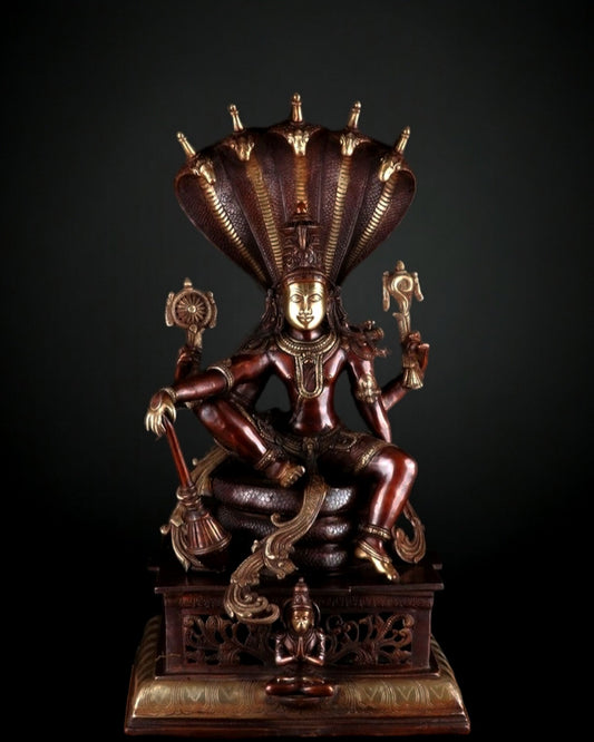 Lord Vishnu with sheshanaaga Brass statue large 30" Chola Brown - Sama Homes Idol - Brass Sculpture