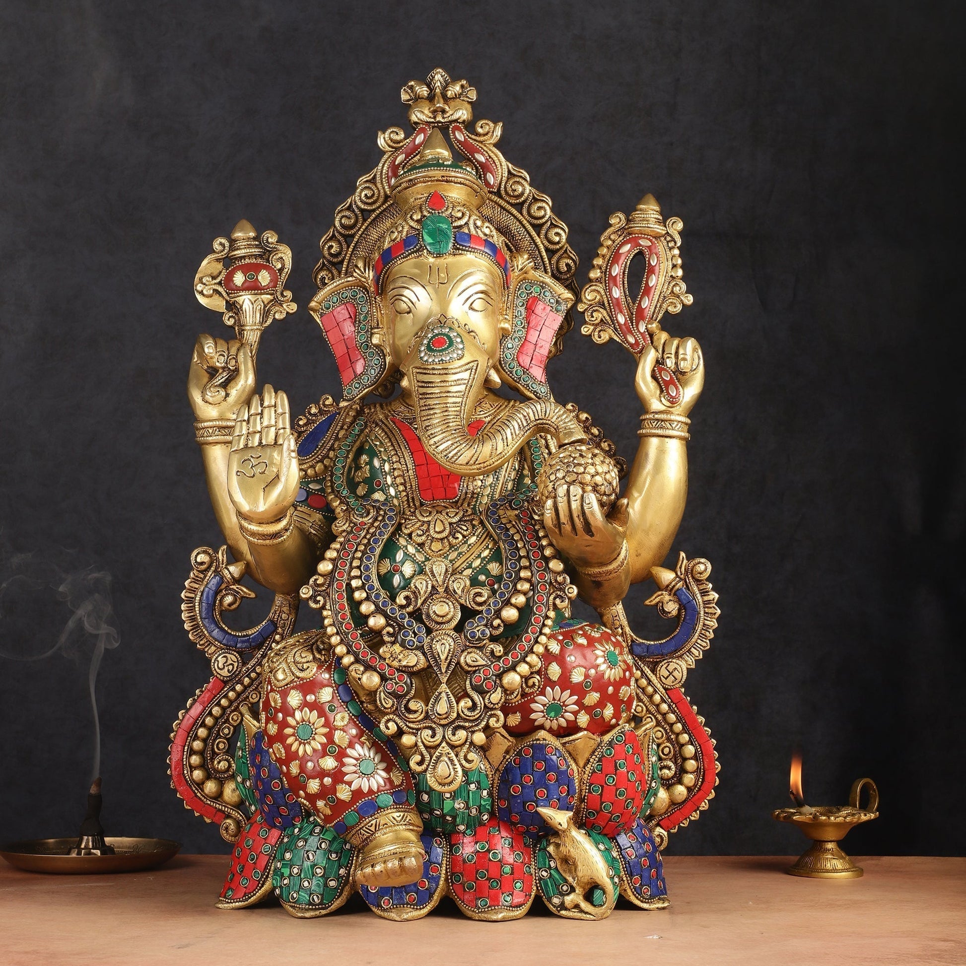 Lotus Ganesha Brass Idol 21 " enhanced carvings - Sama Homes Idol - Brass Sculpture - Eco-friendly - Sama Homes