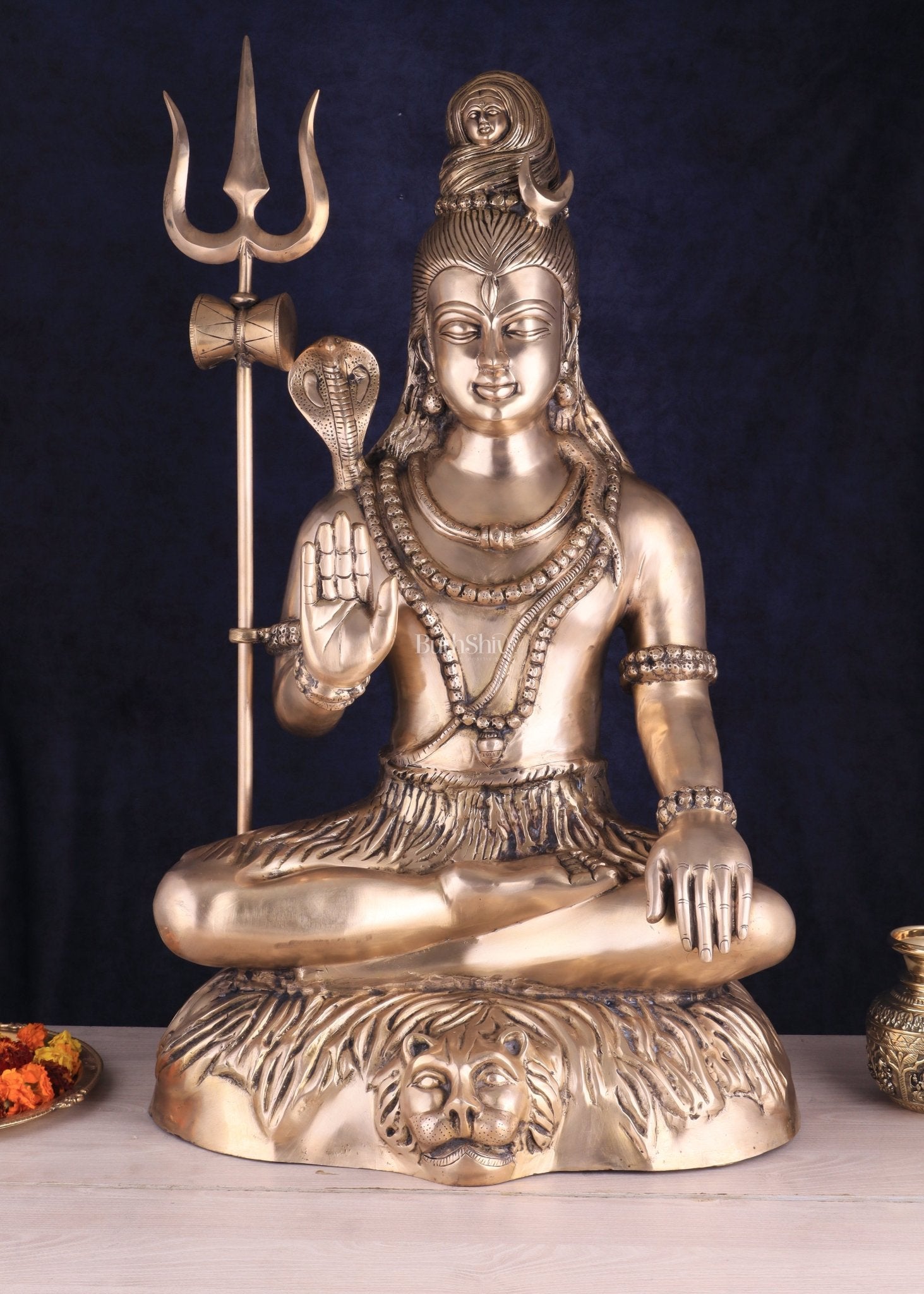 Magnificent Brass Lord Shiva Statue in Dhayana Aashirwaad Mudra, 35 Inches - Sama Homes Idol - Brass Sculpture - Eco-friendly - Sama Homes