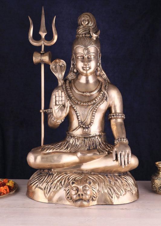 Magnificent Brass Lord Shiva Statue in Dhayana Aashirwaad Mudra, 35 Inches - Sama Homes Idol - Brass Sculpture
