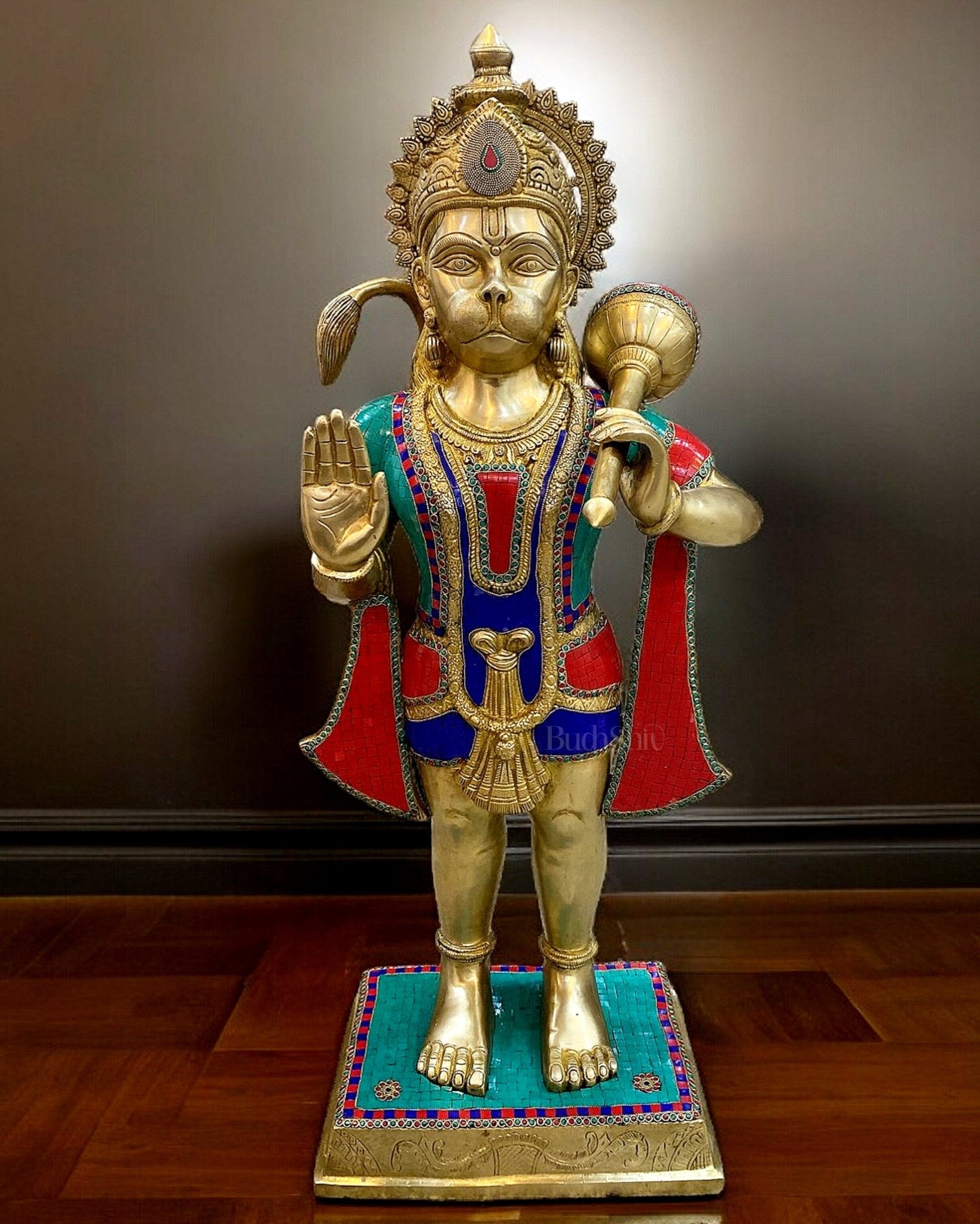Magnificent Handcrafted Pure Brass Standing Hanuman Ji Statue - 36 Inches - Sama Homes Idol - Brass Sculpture - Eco-friendly - Sama Homes
