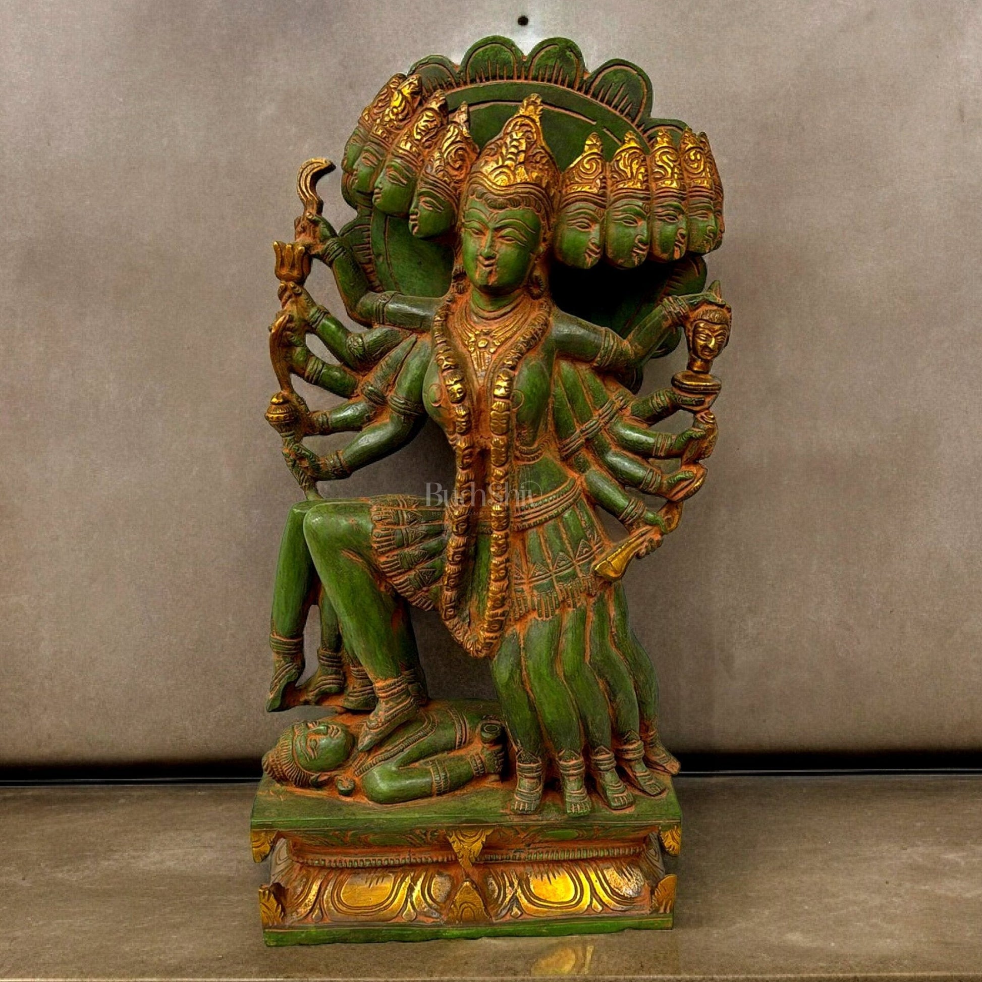 Mahakali Brass Statue Idol with 10 Heads - 15 Inch, Sand finish - Sama Homes Idol - Brass Sculpture - Eco-friendly - Sama Homes