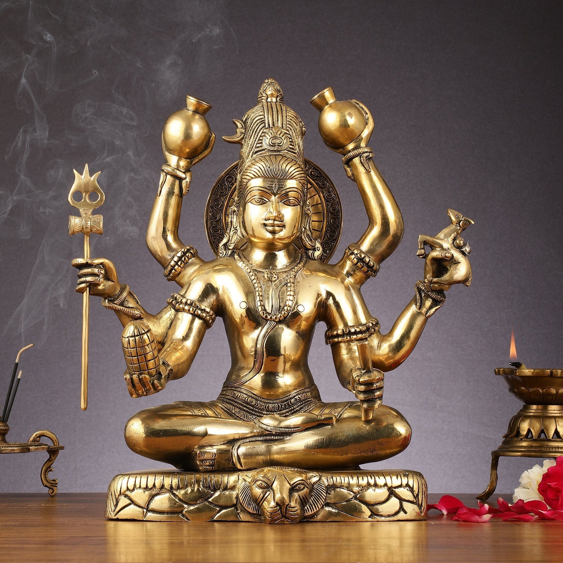 Mahamrityunjaya with six arms Pure Brass Superfine Shiva Statue 14 inch - Sama Homes Idol - Brass Sculpture - Eco-friendly - Sama Homes