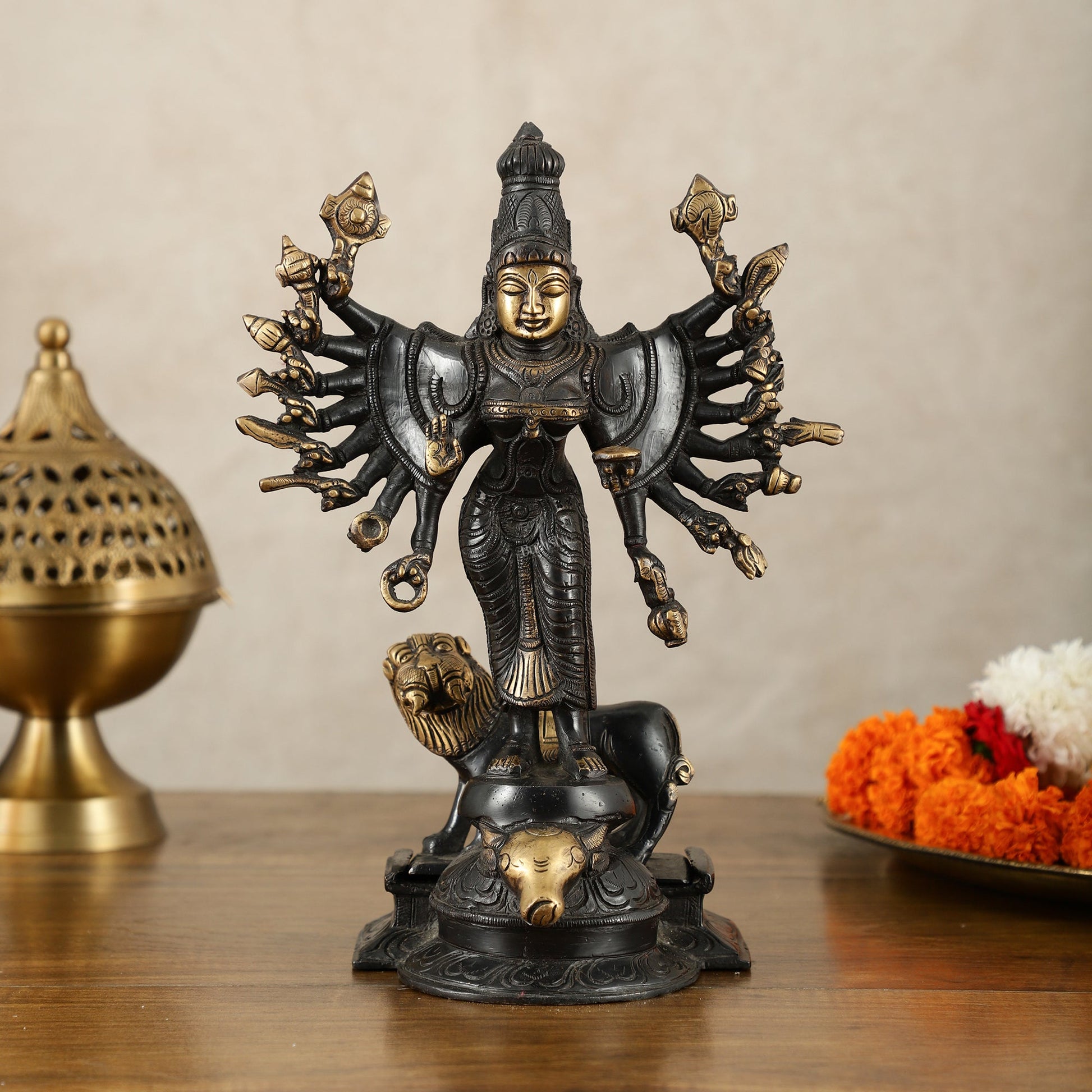 Mahisasur Mardini Durga Brass Idol 10" black gold - Sama Homes Idol - Brass Sculpture - Eco-friendly - Sama Homes