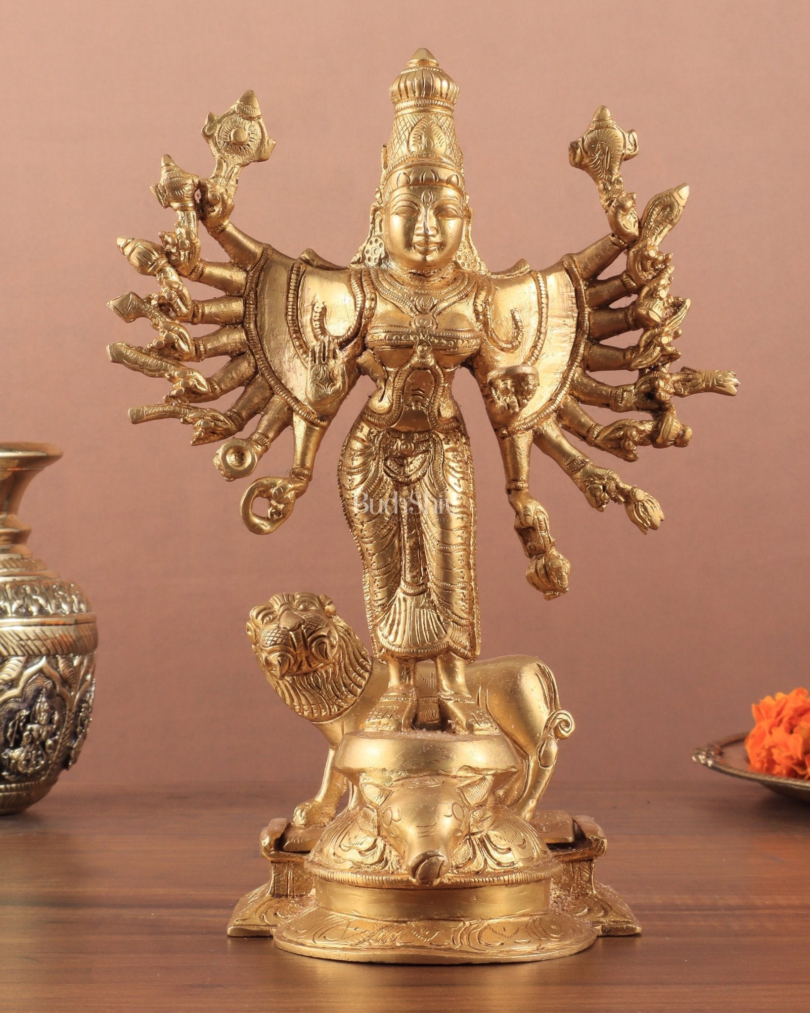 Mahisasur Mardini Durga Brass Idol 10" enhanced carvings - Sama Homes Idol - Brass Sculpture - Eco-friendly - Sama Homes