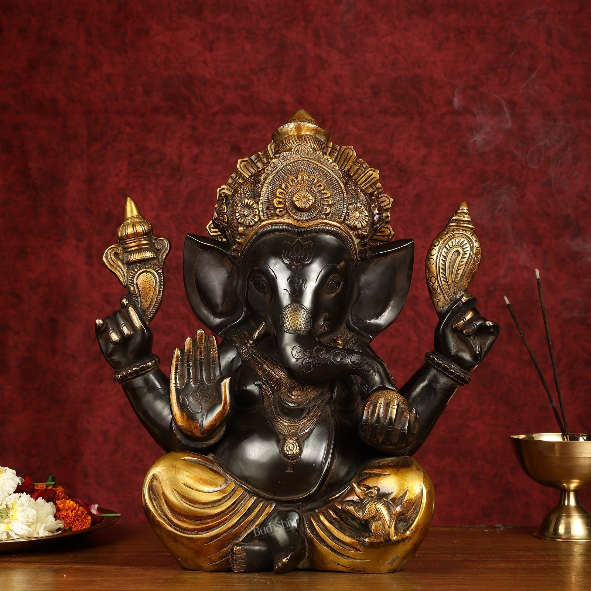 Majestic 15-Inch Pure Brass Ganapati Statue in Black Tone - Sama Homes Idol - Brass Sculpture - Eco-friendly - Sama Homes