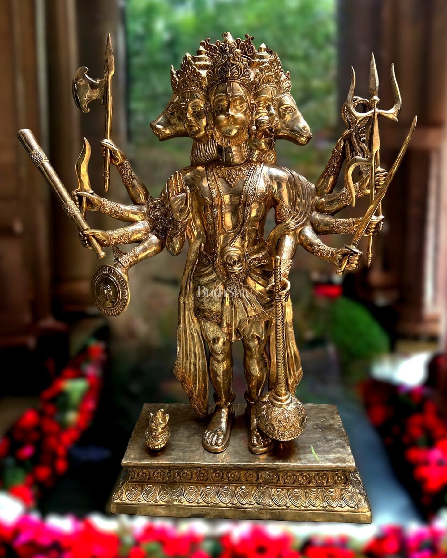 Majestic 75-inch Tall Brass Panchmukhi Hanuman Statue - Sama Homes Idol - Brass Sculpture