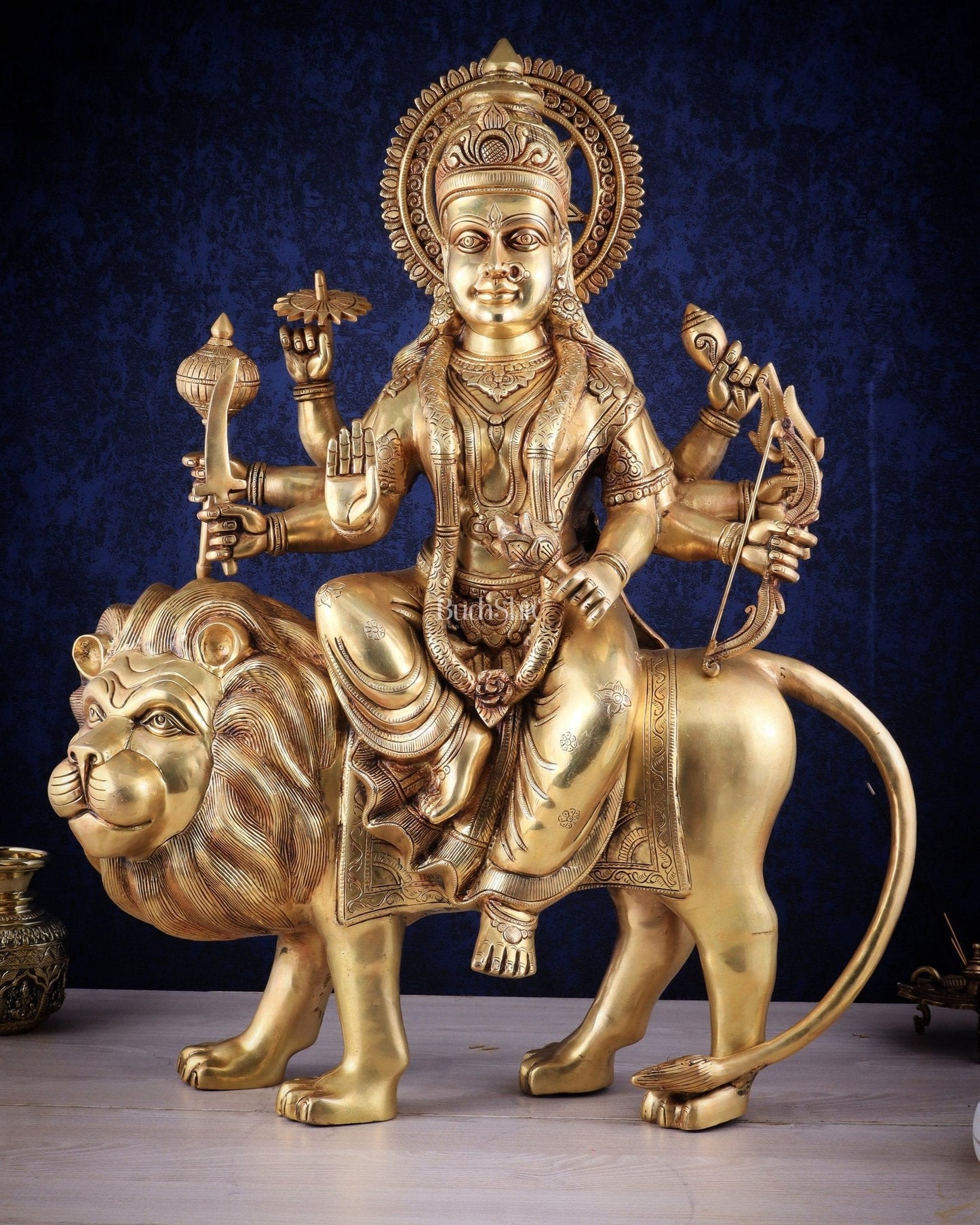 Majestic Brass Goddess Durga Sherawali Mata Idol | 31" - Sama Homes Idol - Brass Sculpture