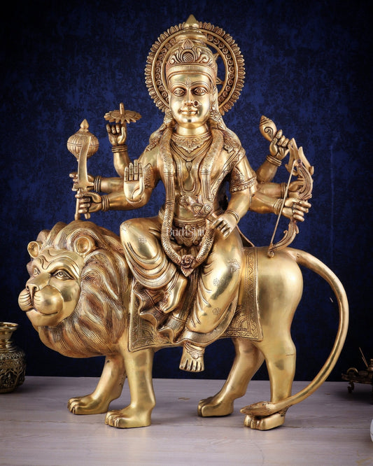 Majestic Brass Goddess Durga Sherawali Mata Idol | 31" - Sama Homes Idol - Brass Sculpture