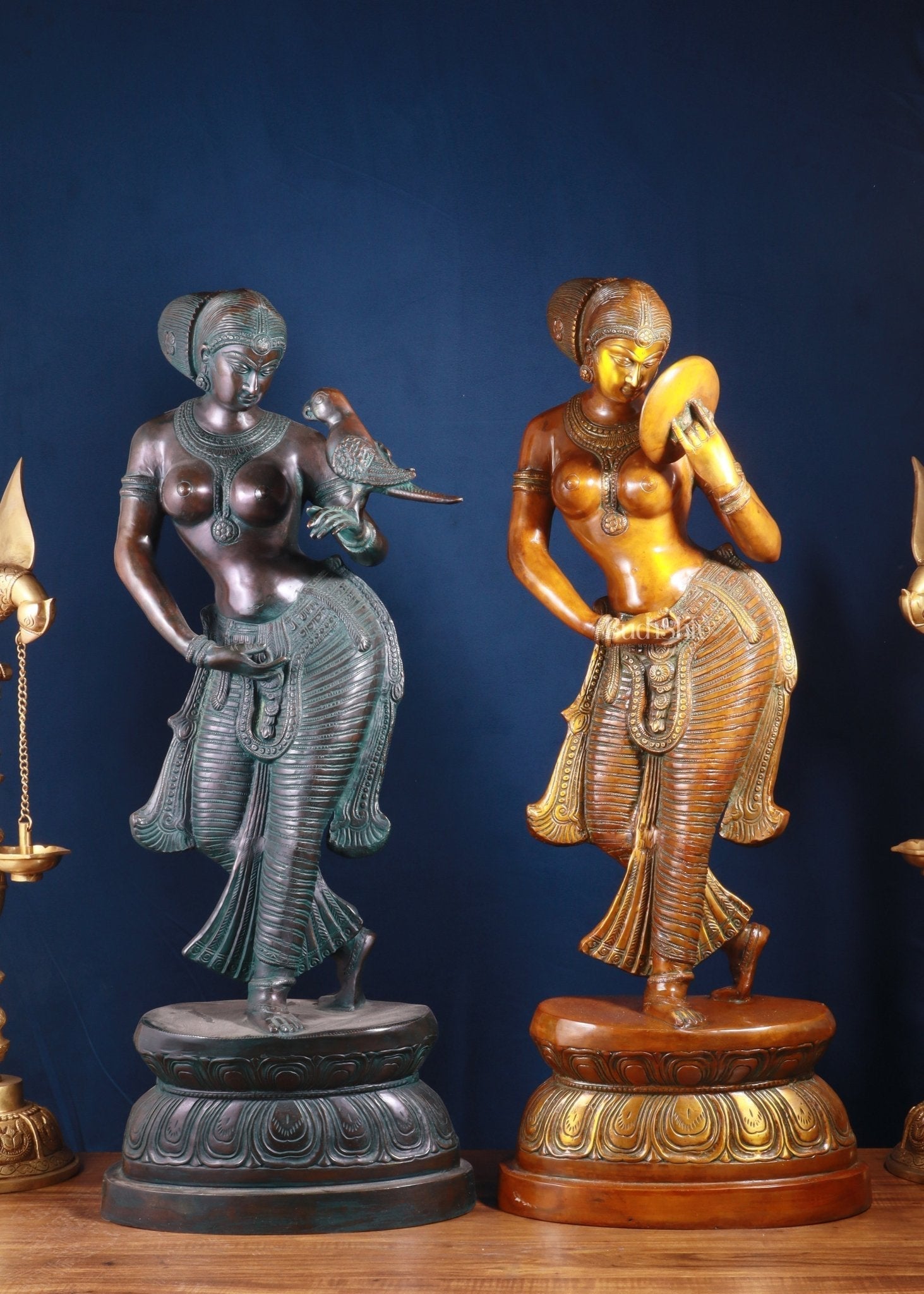 Majestic Brass Lady Holding Parrot & Lady Holding Mirror Sculpture – Chola Style, 36 Inch, 48 Kg - Sama Homes Idol - Brass Sculpture - Eco-friendly - Sama Homes
