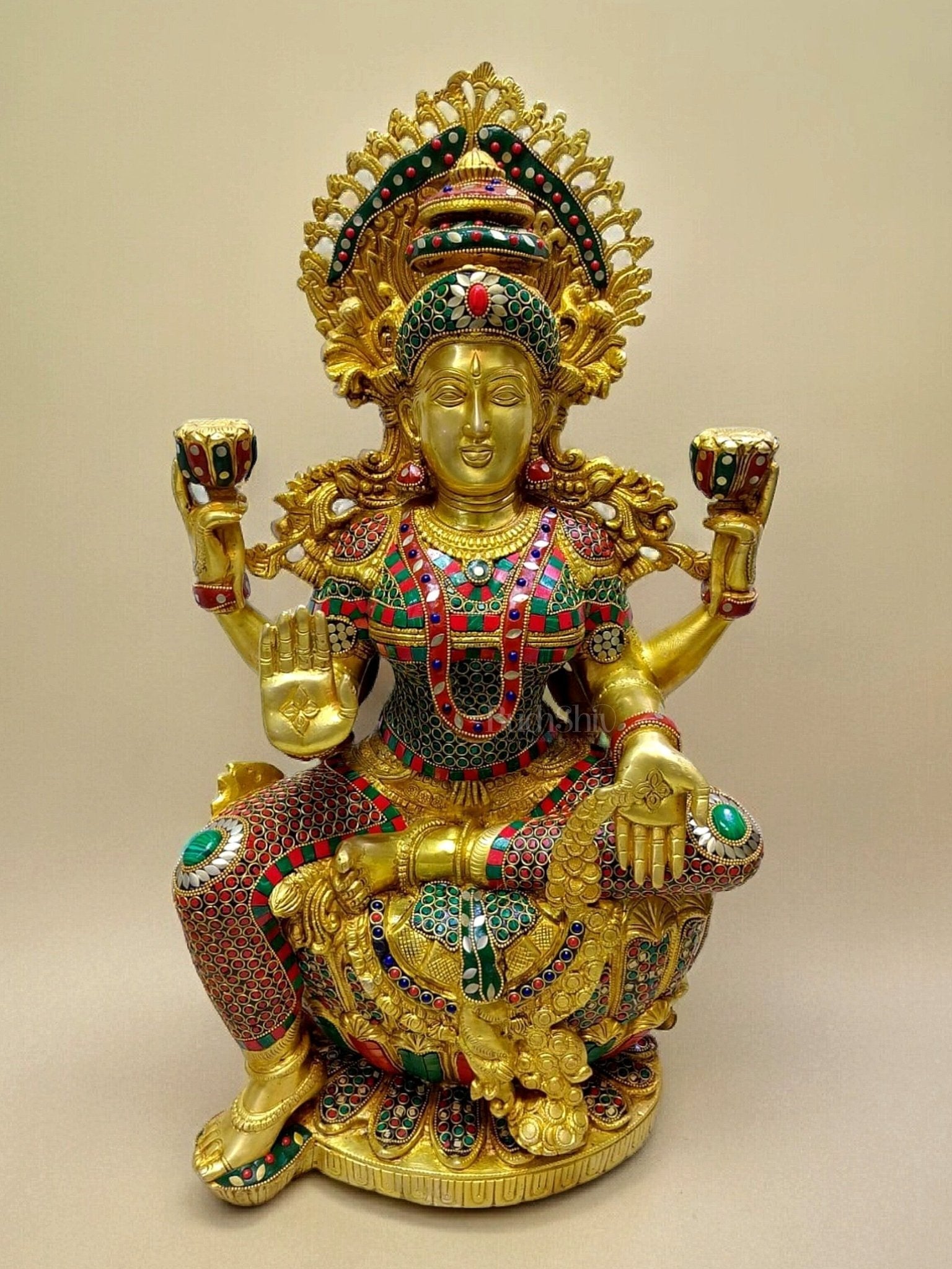 Majestic Brass Large Lakshmi Devi Idol with Meenakari 26" - Sama Homes Idol - Brass Sculpture - Eco-friendly - Sama Homes