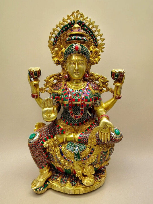 Majestic Brass Large Lakshmi Devi Idol with Meenakari 26" - Sama Homes Idol - Brass Sculpture