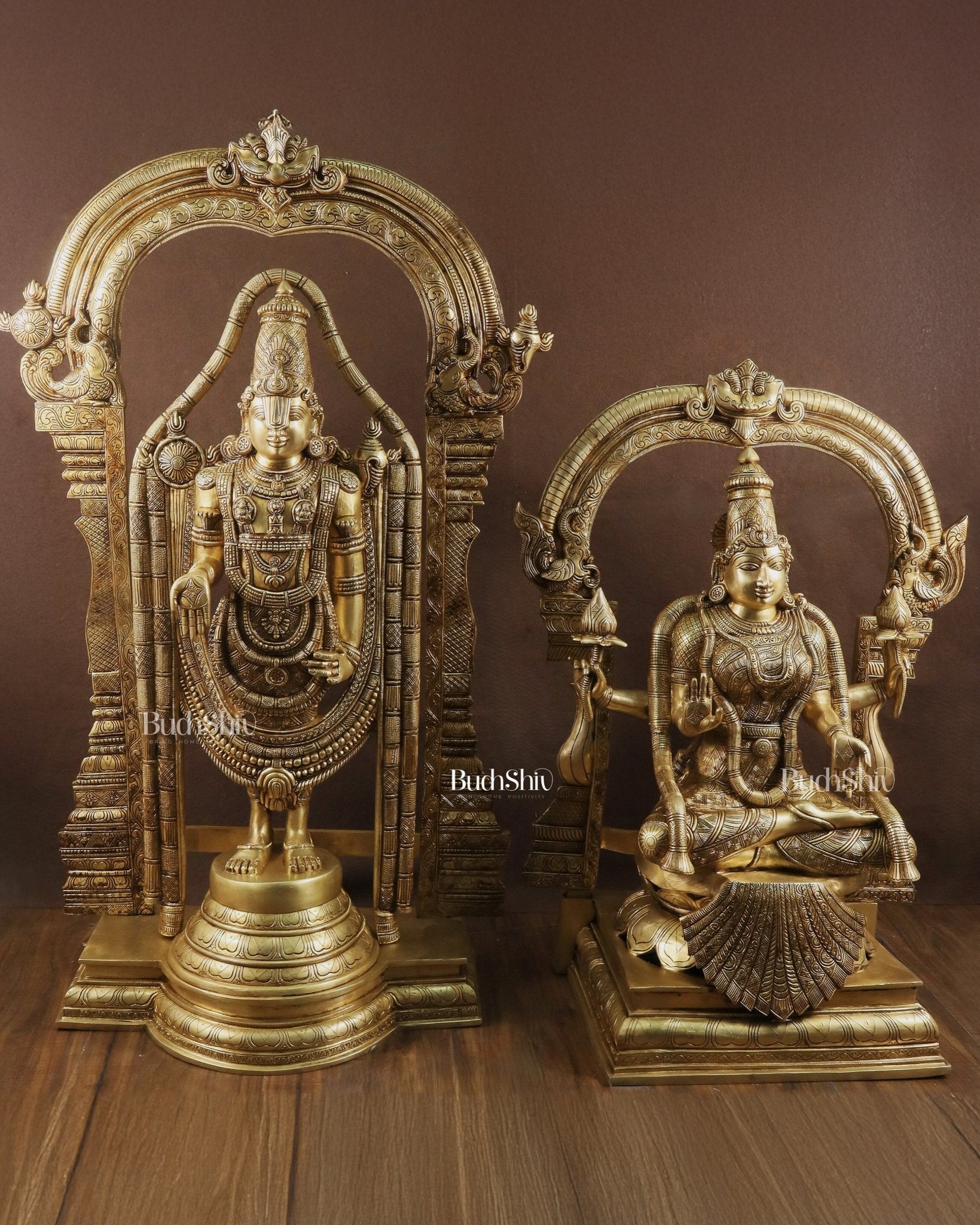 Majestic Brass Lord Venkateshwara & Goddess Padmavathi Statues – Temple Pair 40" - Sama Homes Idol - Brass Sculpture - Eco-friendly - Sama Homes
