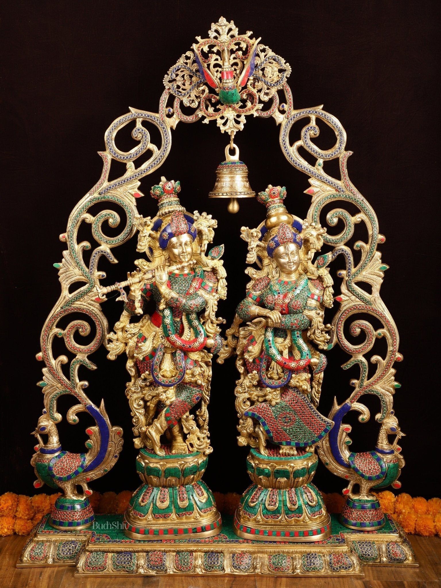 Majestic Brass Radha Krishna with Peacock Temple Arch Meenakari Marvel | 45 inch - Sama Homes Idol - Brass Sculpture - Eco-friendly - Sama Homes