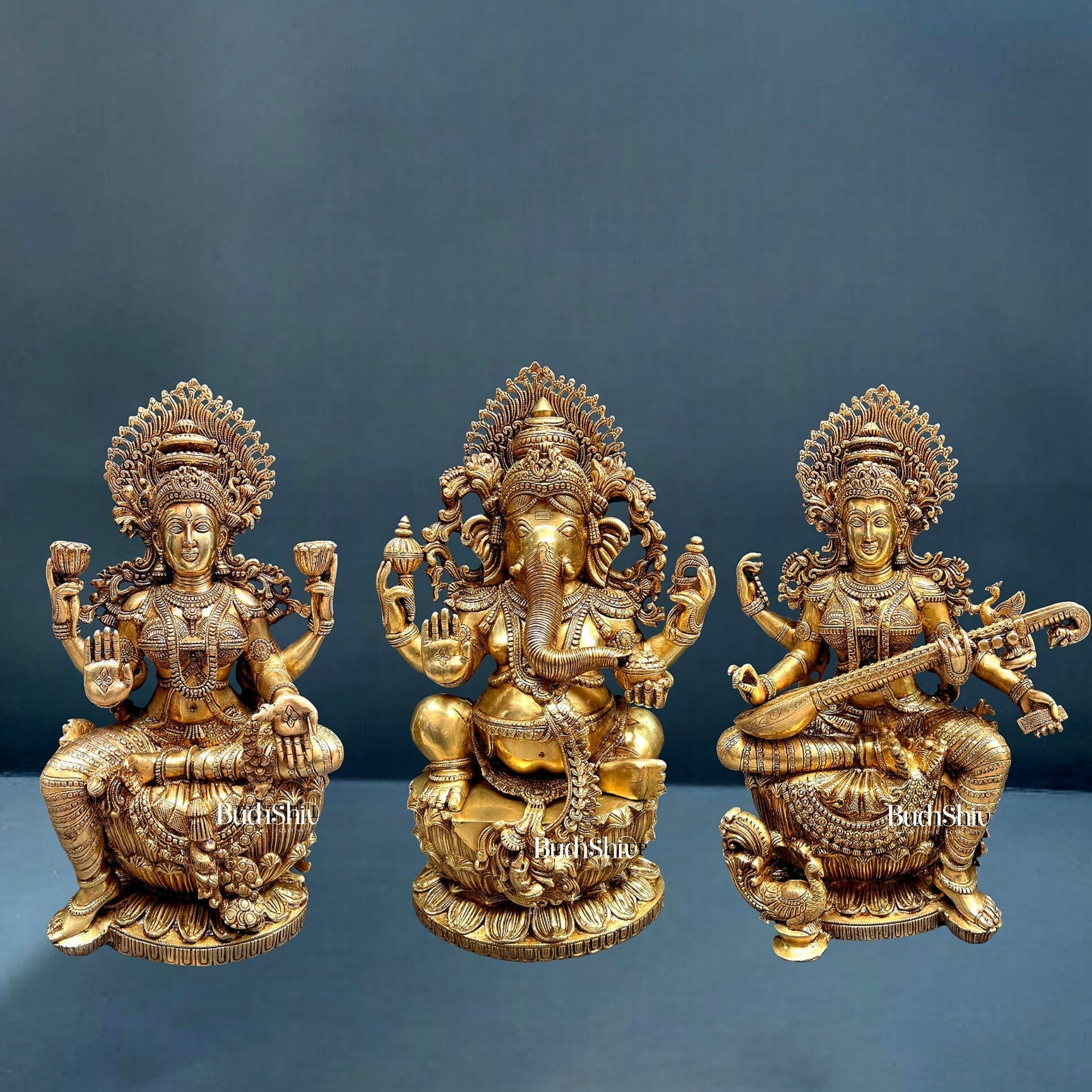 Majestic Ganesha Lakshmi Saraswati Large Sized 26" - Sama Homes Idol - Brass Sculpture - Eco-friendly - Sama Homes