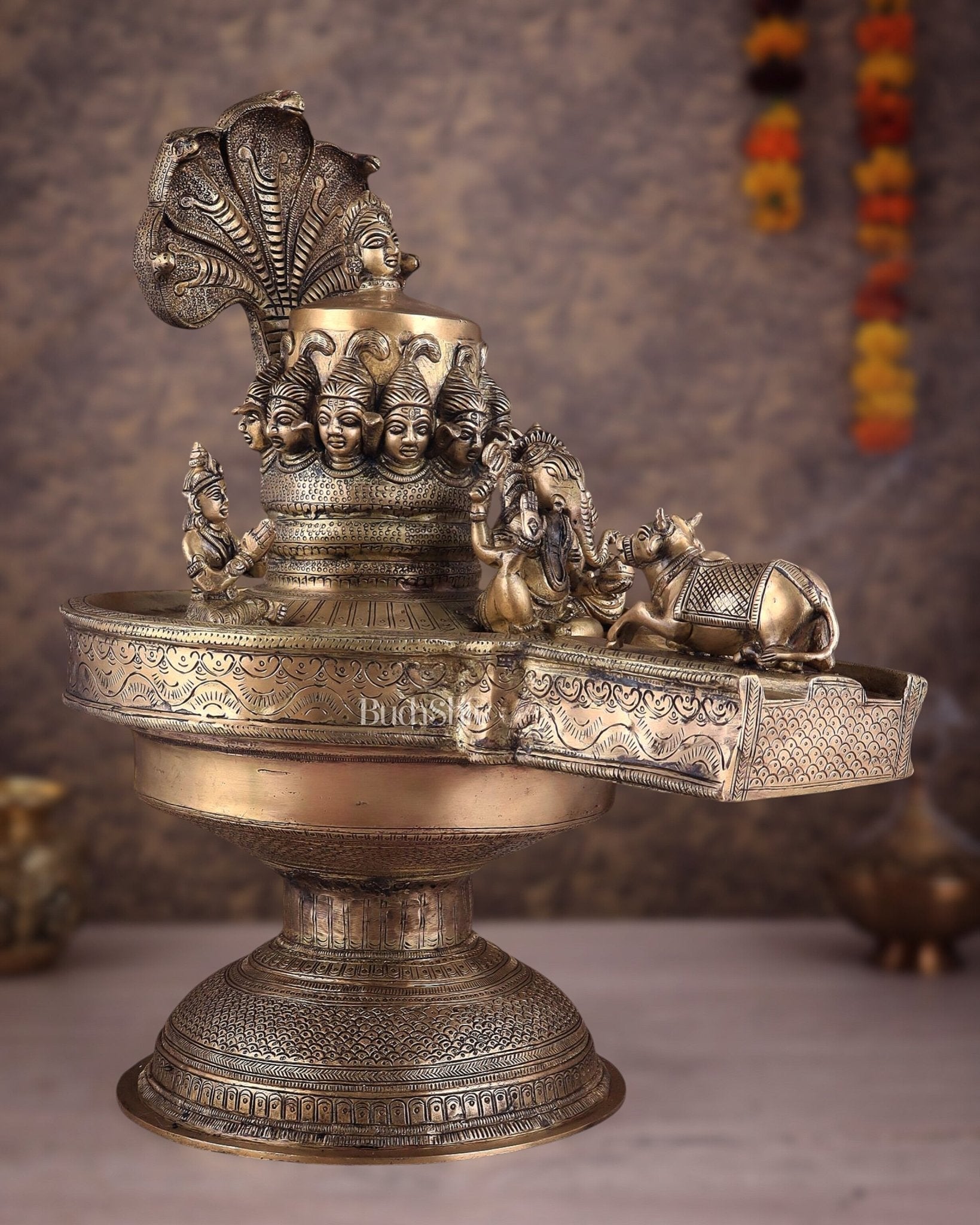 Majestic Large Pure Brass Lord Shiva Family on Shiva Lingam 21" - Sama Homes Idol - Brass Sculpture - Eco-friendly - Sama Homes
