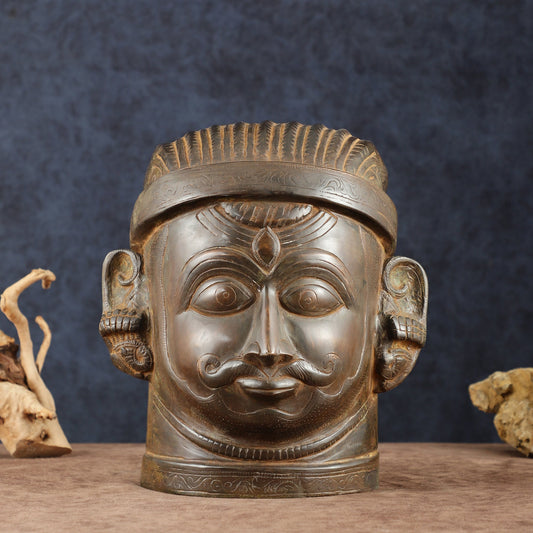 Majestic brass Lord Shiva Face Mukhalingam – Rustic Tone, 11" Height - Sama Homes Idol - Brass Sculpture