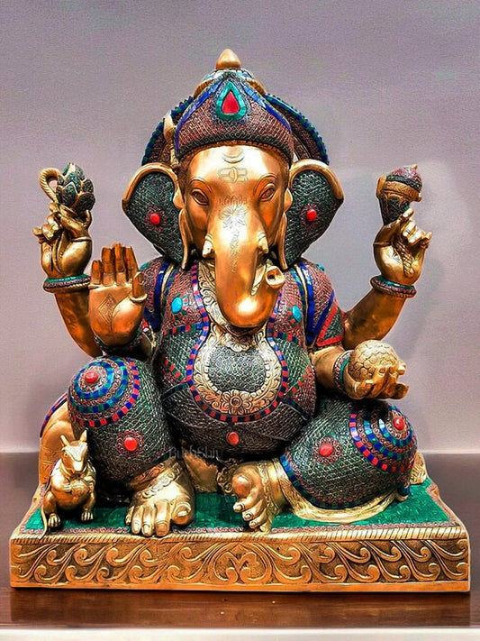 Majestic Pure Brass Ganesha Sculpture with Meenakari Stonework - 85kg, 33in Height - Sama Homes Idol - Brass Sculpture