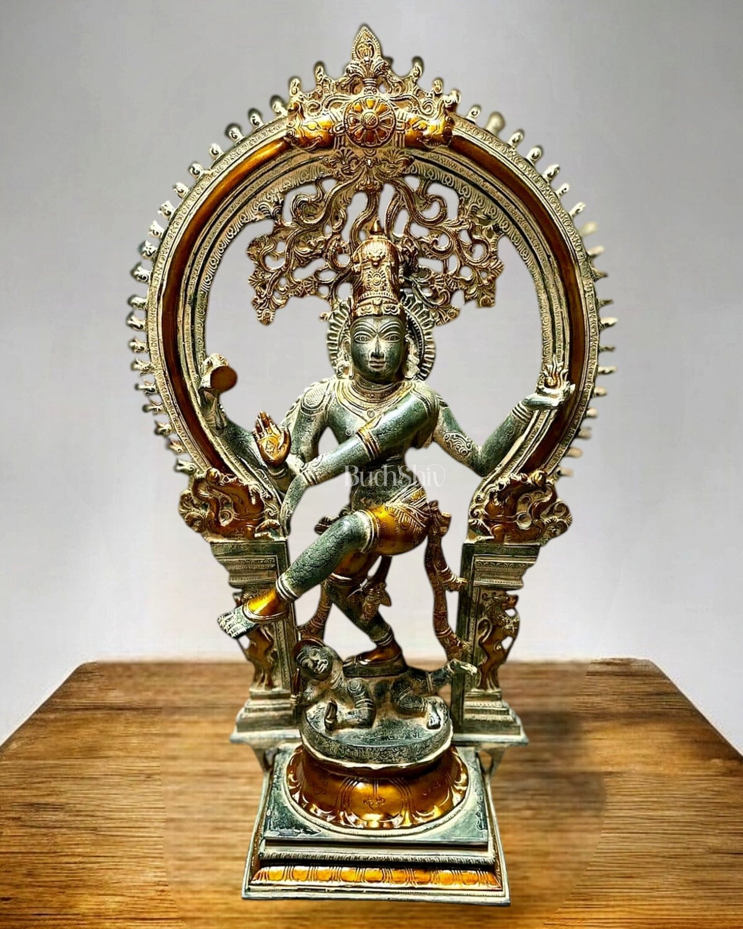 Majestic Pure Brass Large Nataraja Statue with a Unique Arch 28.5" sandfinish - Sama Homes Idol - Brass Sculpture