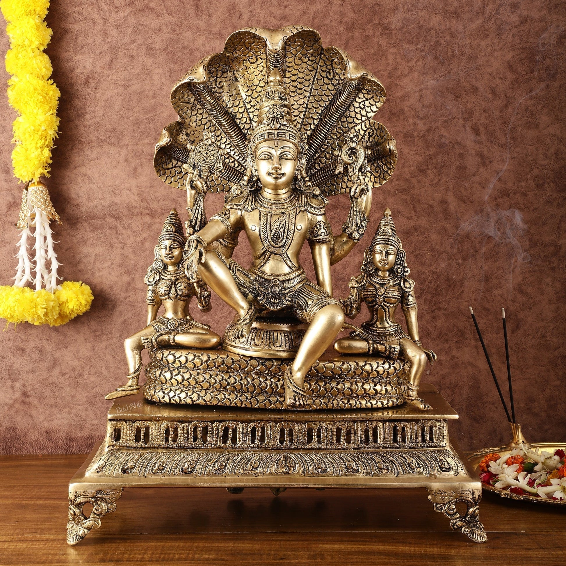 Majestic Superfine Brass Vishnu with Bhudevi and Sridevi Sitting Under Sheshanaaga - 20.5" - Sama Homes Idol - Brass Sculpture - Eco-friendly - Sama Homes