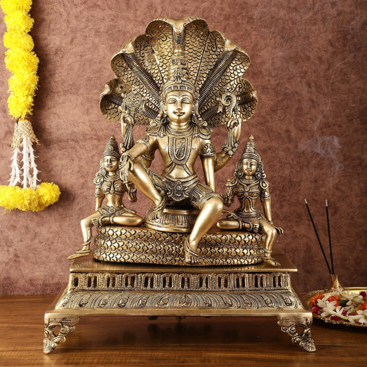 Majestic Superfine Brass Vishnu with Bhudevi and Sridevi Sitting Under Sheshanaaga - 20.5" - Sama Homes Idol - Brass Sculpture
