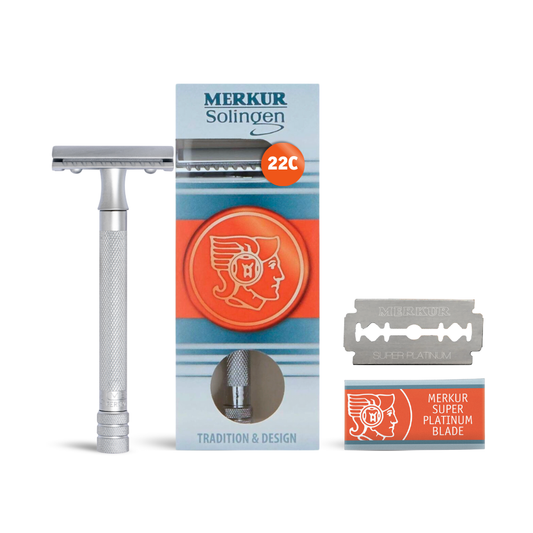 Merkur 3-Piece DE Safety Razor, Closed Comb, Knurled Extra Long Handle, Matte Chrome