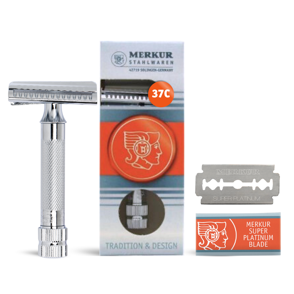 Merkur 37C 2-Piece DE Safety Razor, Slantbar Comb, Knurled Extra Thick Handle (HD), Chrome - Eco-friendly - Sama Homes