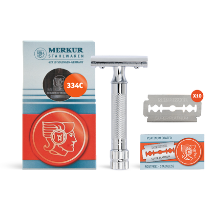 Merkur 34C 2-Piece DE Safety Razor, Closed Comb, Knurled Extra Thick Handle (HD), Chrome, in Hard Plastic Case with 10 Blades by Merkur - Gift Sets & Kits