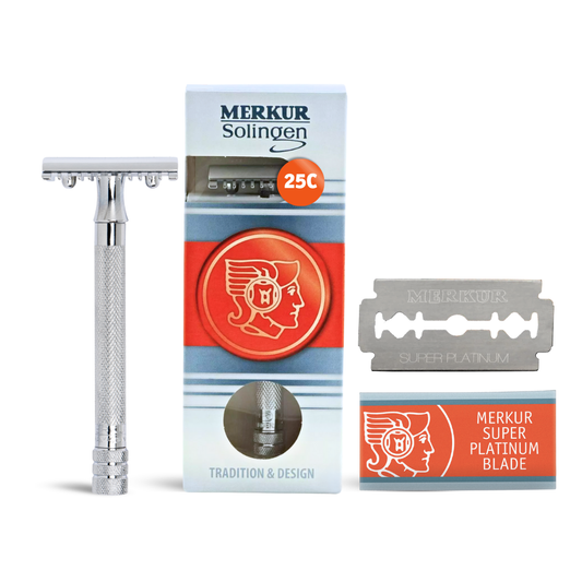 Merkur 25C 3-Piece DE Safety Razor, Open Tooth Comb, Knurled Extra Long Handle, Chrome
