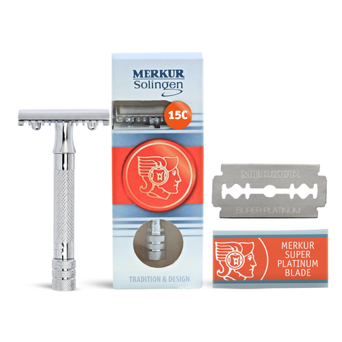 Merkur 15C 3-Piece DE Safety Razor, Open Tooth Comb, Knurled Standard Handle, Chrome