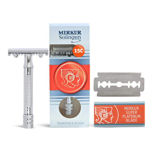 Merkur 15C 3-Piece DE Safety Razor, Open Tooth Comb, Knurled Standard Handle, Chrome