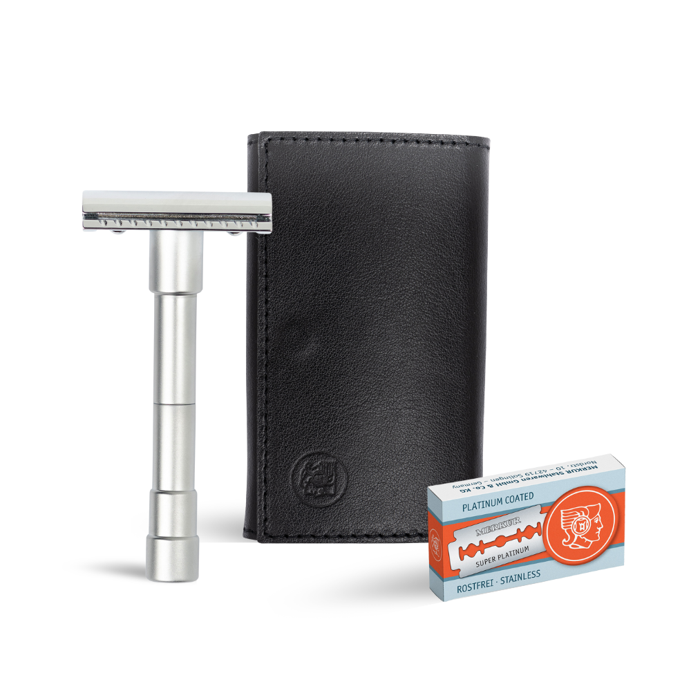 Merkur 3-Piece Travel DE Safety Razor Stright Cut Chrome with Blades In Black Leather Case - Eco-friendly - Sama Homes