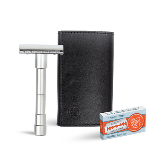 Merkur 3-Piece Travel DE Safety Razor Stright Cut Chrome with Blades In Black Leather Case