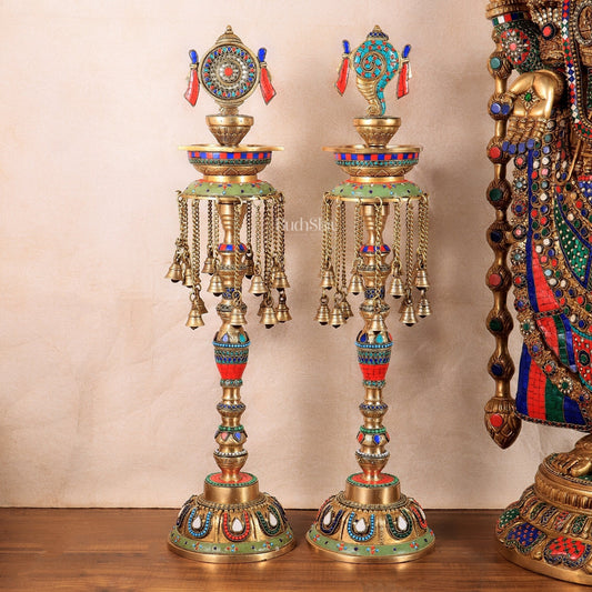 Multicolored Superfine Brass Shankh Chakra Oil Lamps - Pair 30 inch - Sama Homes Idol - Brass Sculpture