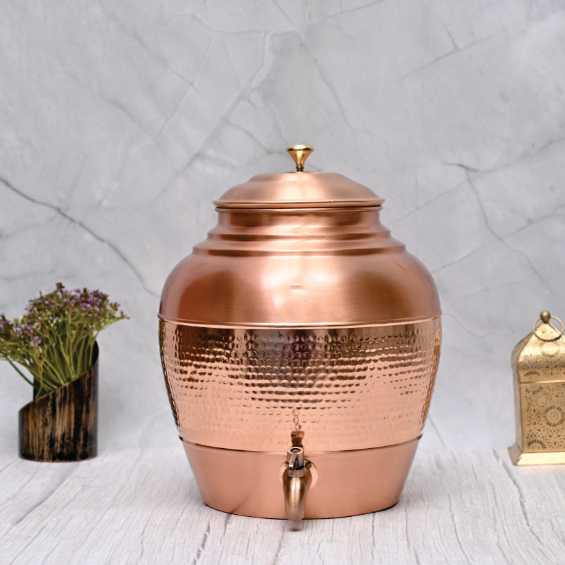 Pure Copper Water Dispenser Round Half Hammered Designed Matka – Sama Homes - Eco-friendly - Sama Homes