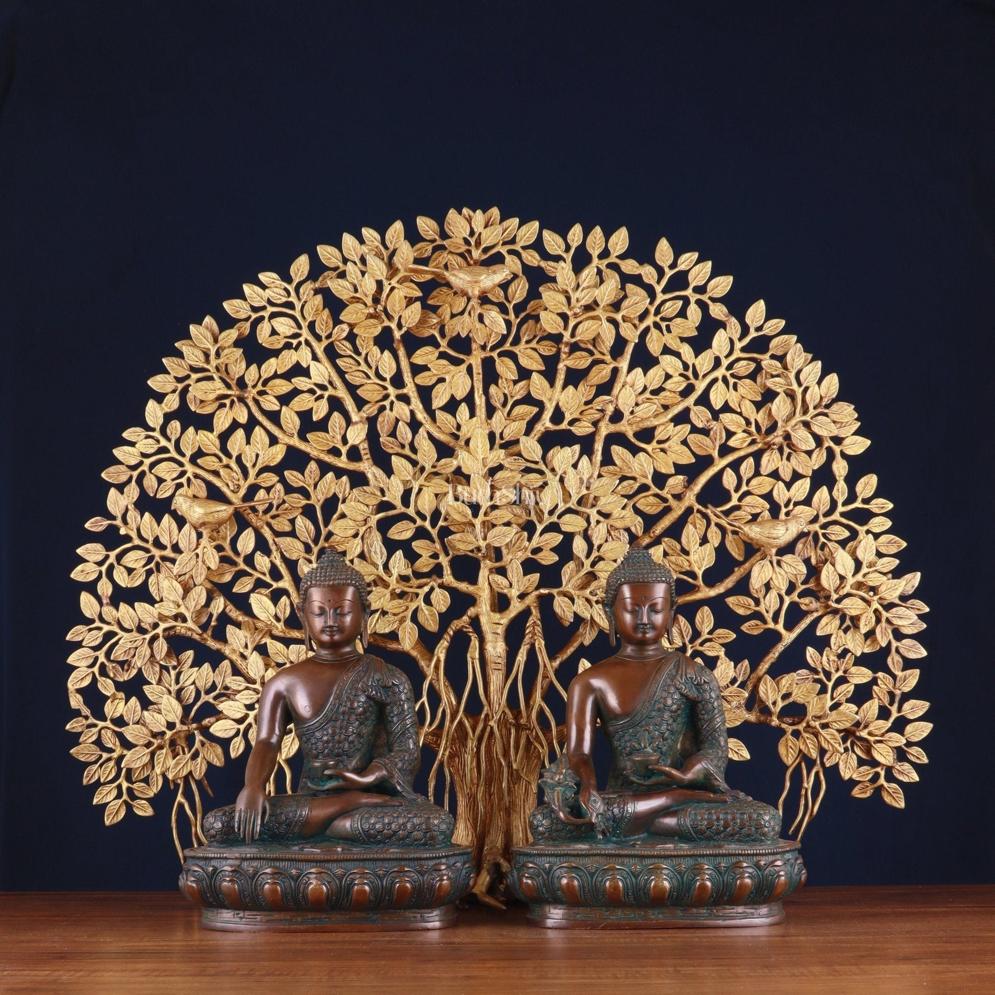 Pair of Brass Buddha Blessing Statues & Superfine Kalpavriksha Tree - Sama Homes Idol - Brass Sculpture - Eco-friendly - Sama Homes