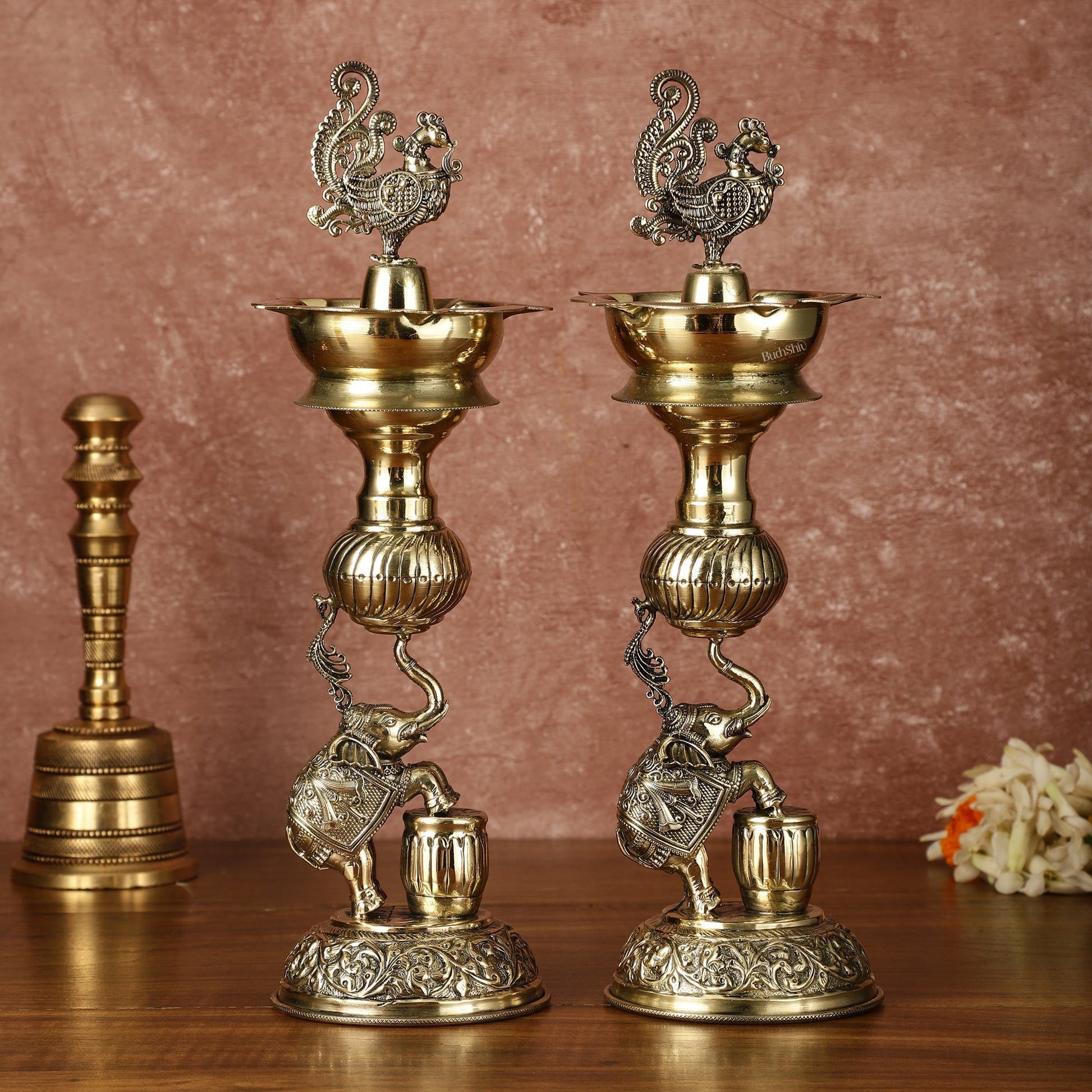 Pair of Brass Superfine Jumping Elephant Peacock Lamps - Intricately Handcrafted - 11.5" Tall - Eco-friendly - Sama Homes