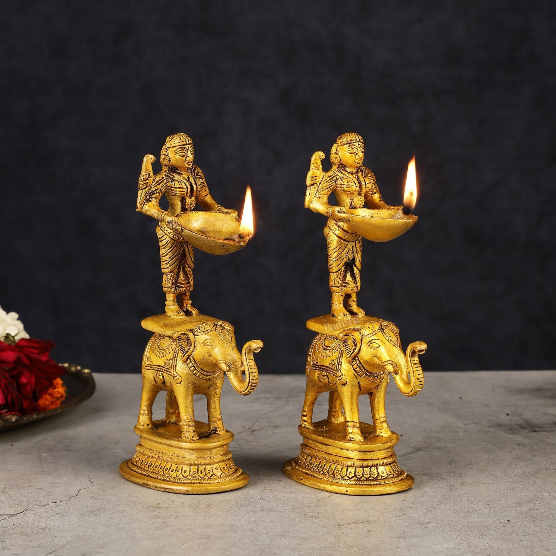 Pair of Traditional South Indian Pure Brass Deep Lady Paavai on Elephant Oil Lamps - Sama Homes Idol - Brass Sculpture - Eco-friendly - Sama Homes