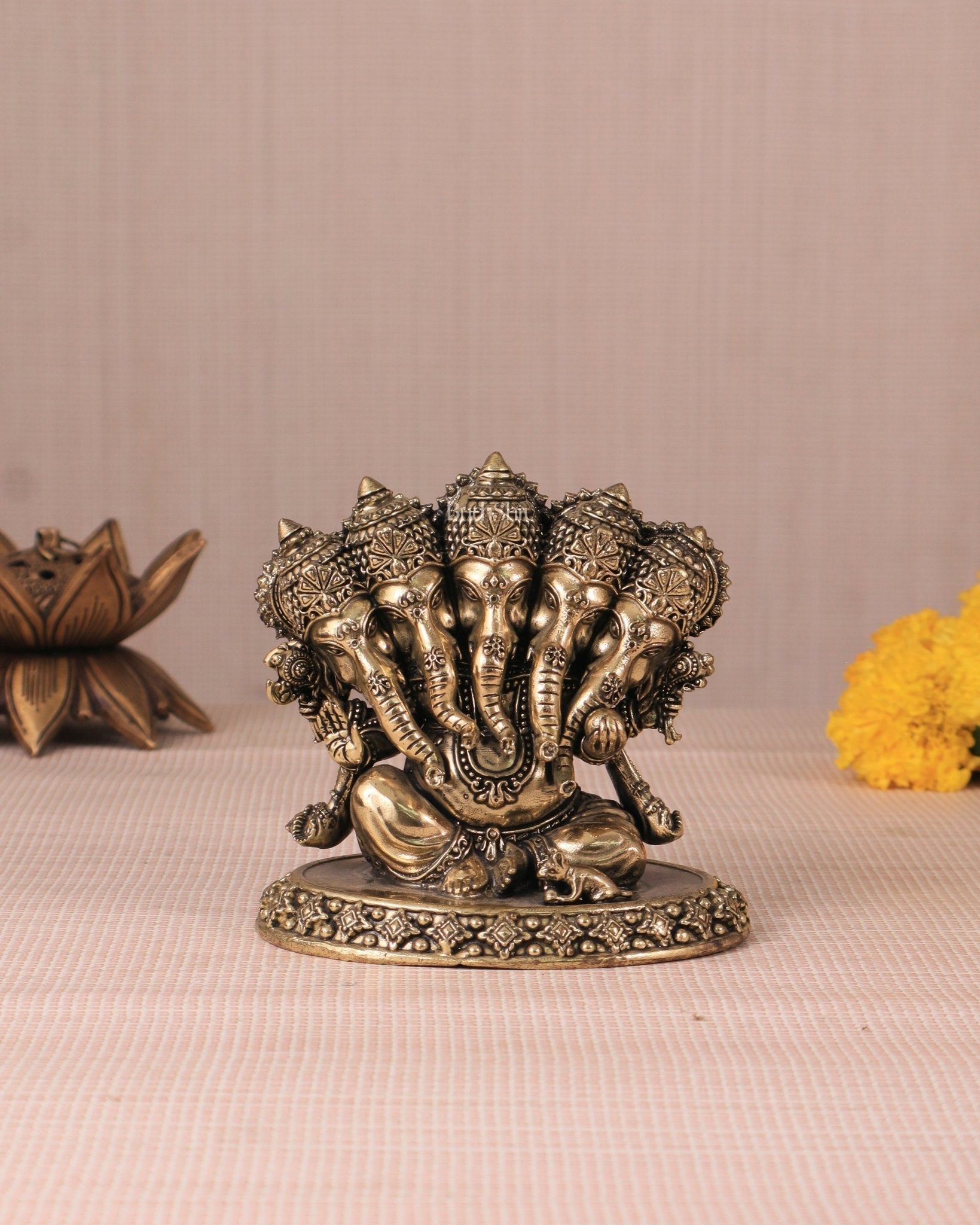 Panchmukhi Ganesha (Five-Faced) Superfine Intricate Pure Brass Idol - 4.25" - Sama Homes Idol - Brass Sculpture - Eco-friendly - Sama Homes