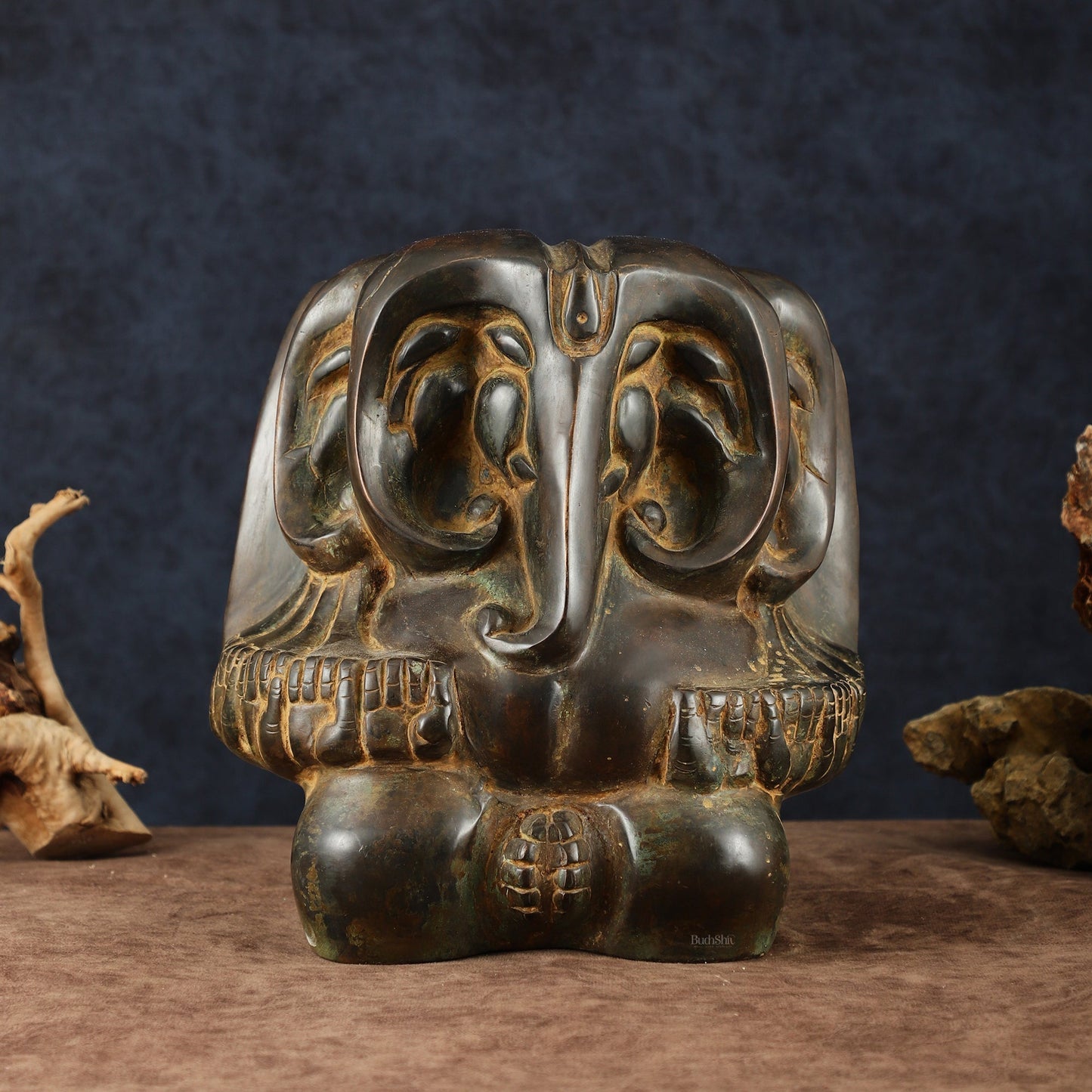 Panchmukhi Ganesha Pure Brass Rustic Vintage Abstract Sculpture | 12" - Sama Homes Idol - Brass Sculpture