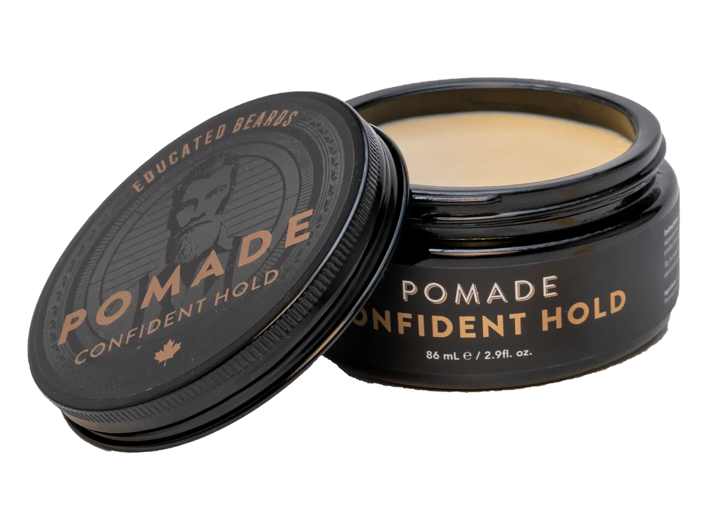 Pomade container with lid open showing product inside on a white background