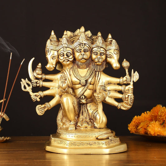 Powerful Brass Superfine Panchmukhi Hanuman Sculpture - 11" Intricate Carvings - Sama Homes Idol - Brass Sculpture