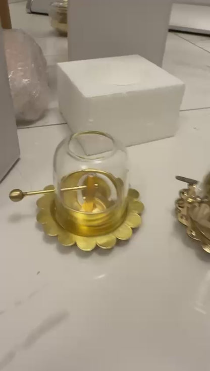 Brass Akhand Diya with Adjustable Bati, with Screw Lever for Puja, Borosilicate Glass by Sama Homes - Sustainable Living