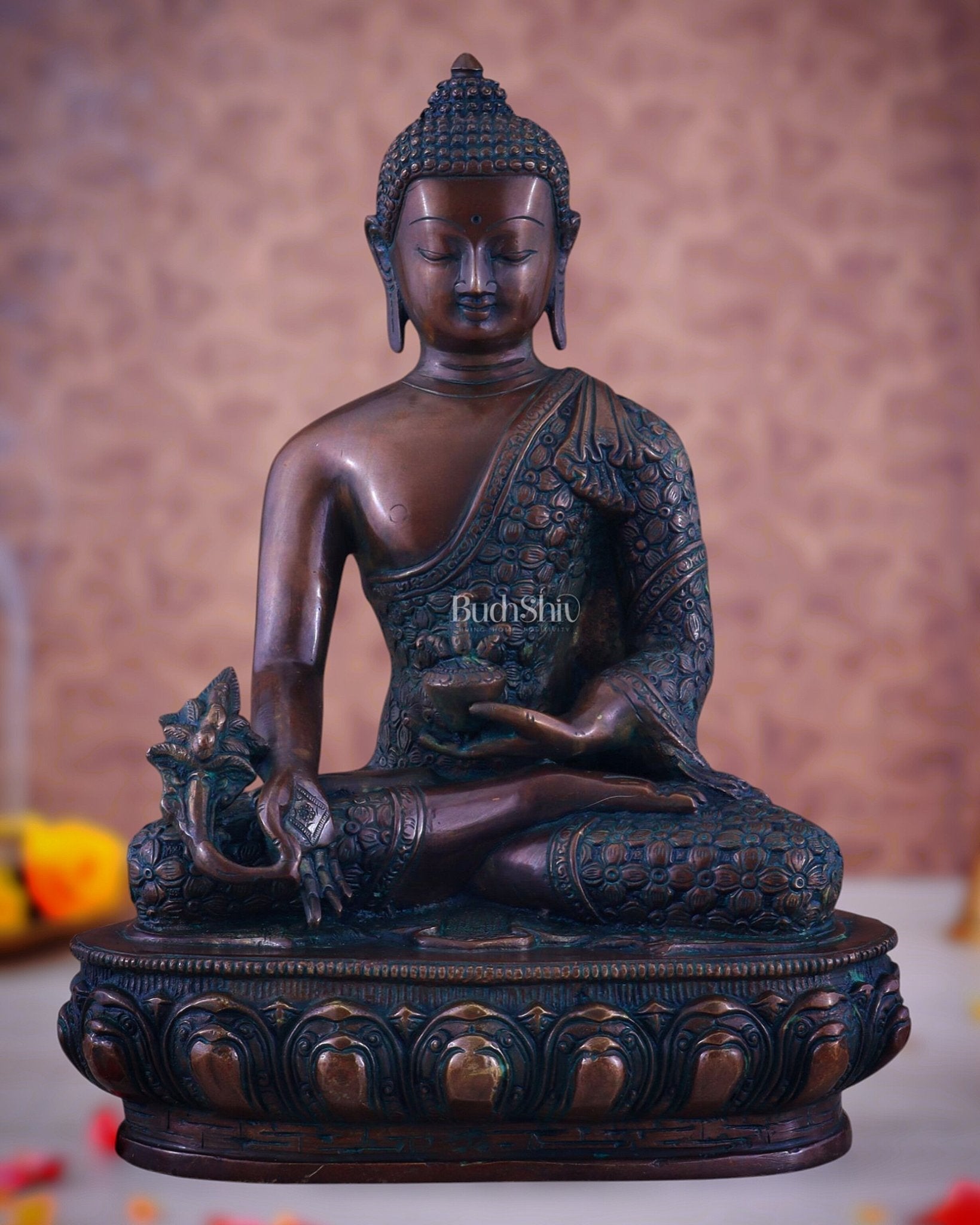 Pure Brass Antique Buddha medicine Statue - 13.5" Height - Sama Homes Idol - Brass Sculpture - Eco-friendly - Sama Homes