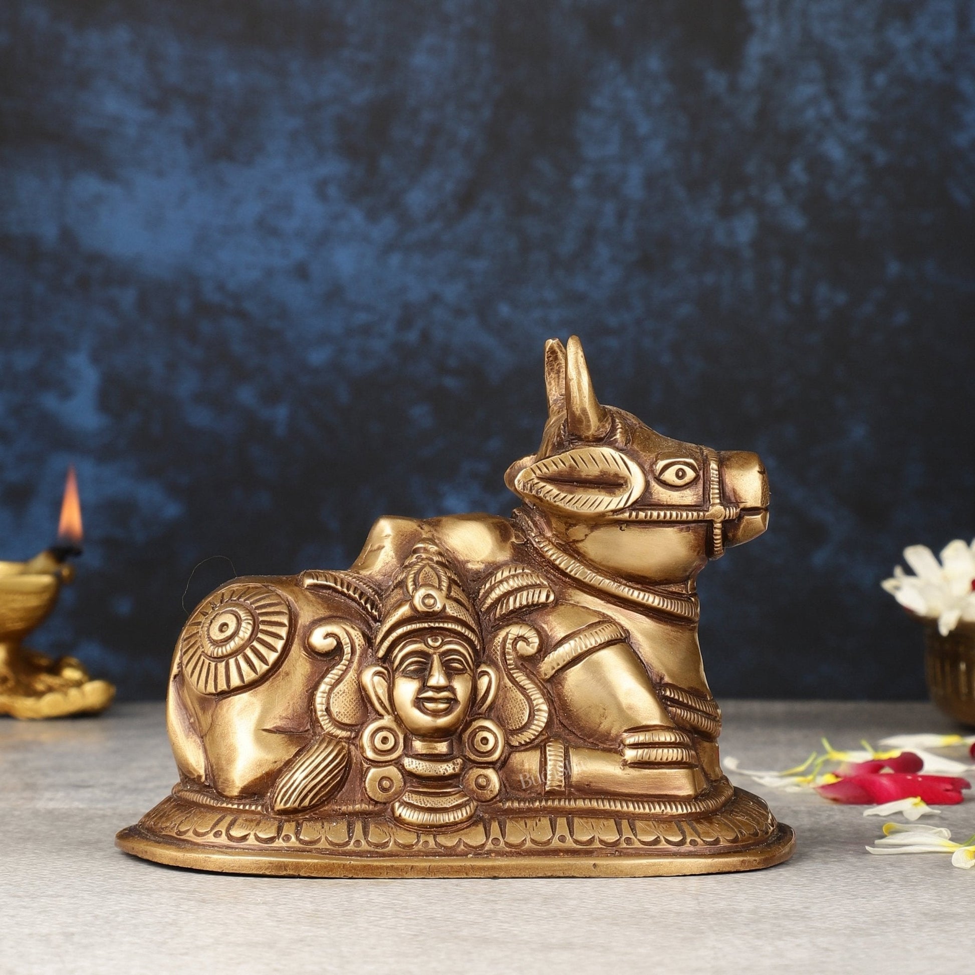 Pure Brass antique Nandi Idol with Shiv Gauri Carving 6" - Sama Homes Idol - Brass Sculpture - Eco-friendly - Sama Homes