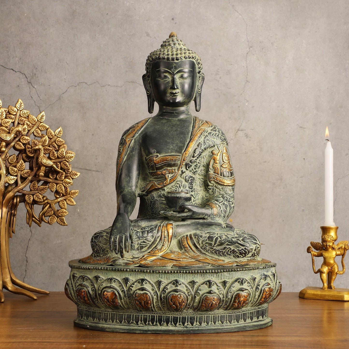 Pure Brass Antique Sand Finish Buddha life-story Sculpture - 15.5" Height - Sama Homes Idol - Brass Sculpture