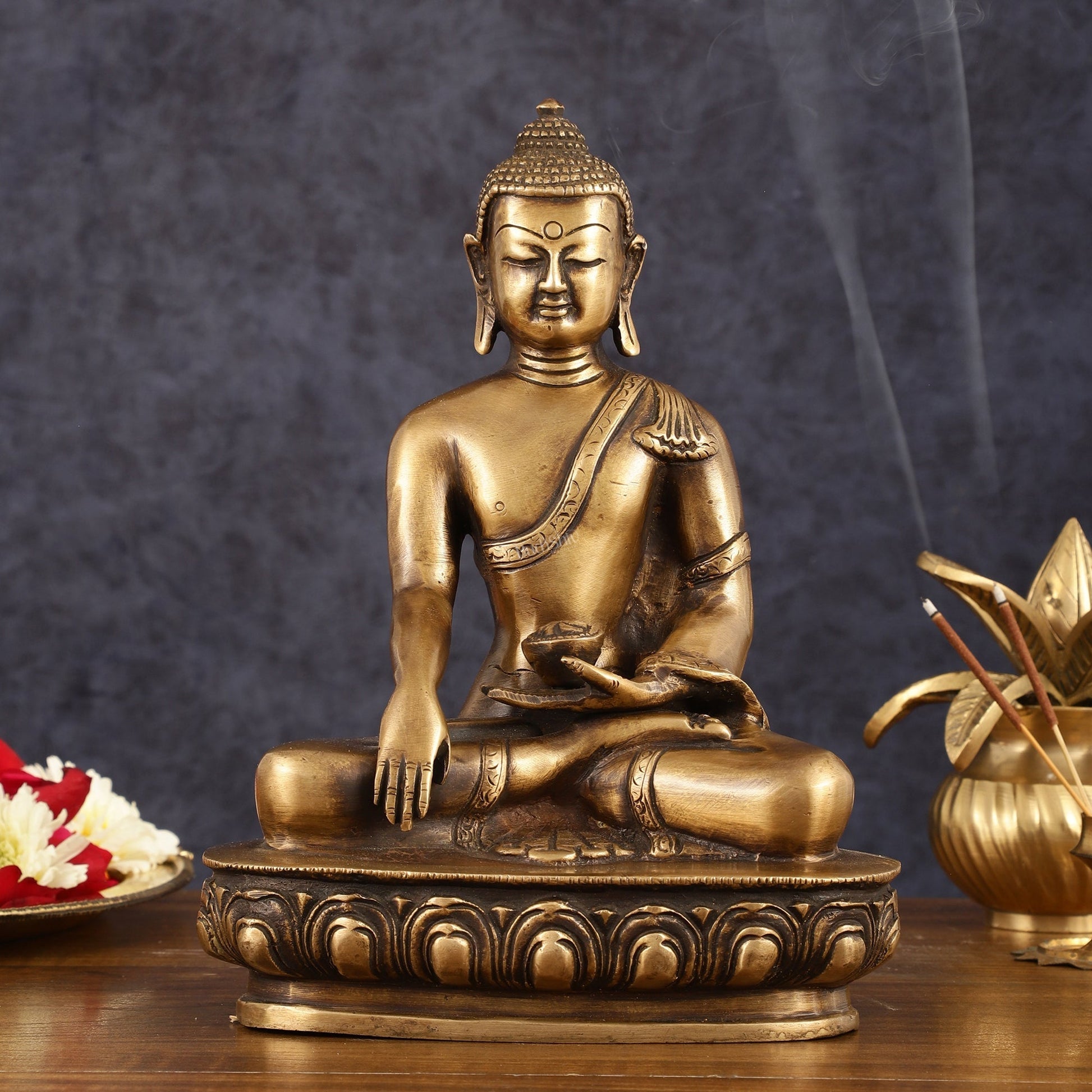 Pure Brass Antique Tone Buddha Statue with Hand Down - 9.5" Height - Sama Homes Idol - Brass Sculpture - Eco-friendly - Sama Homes