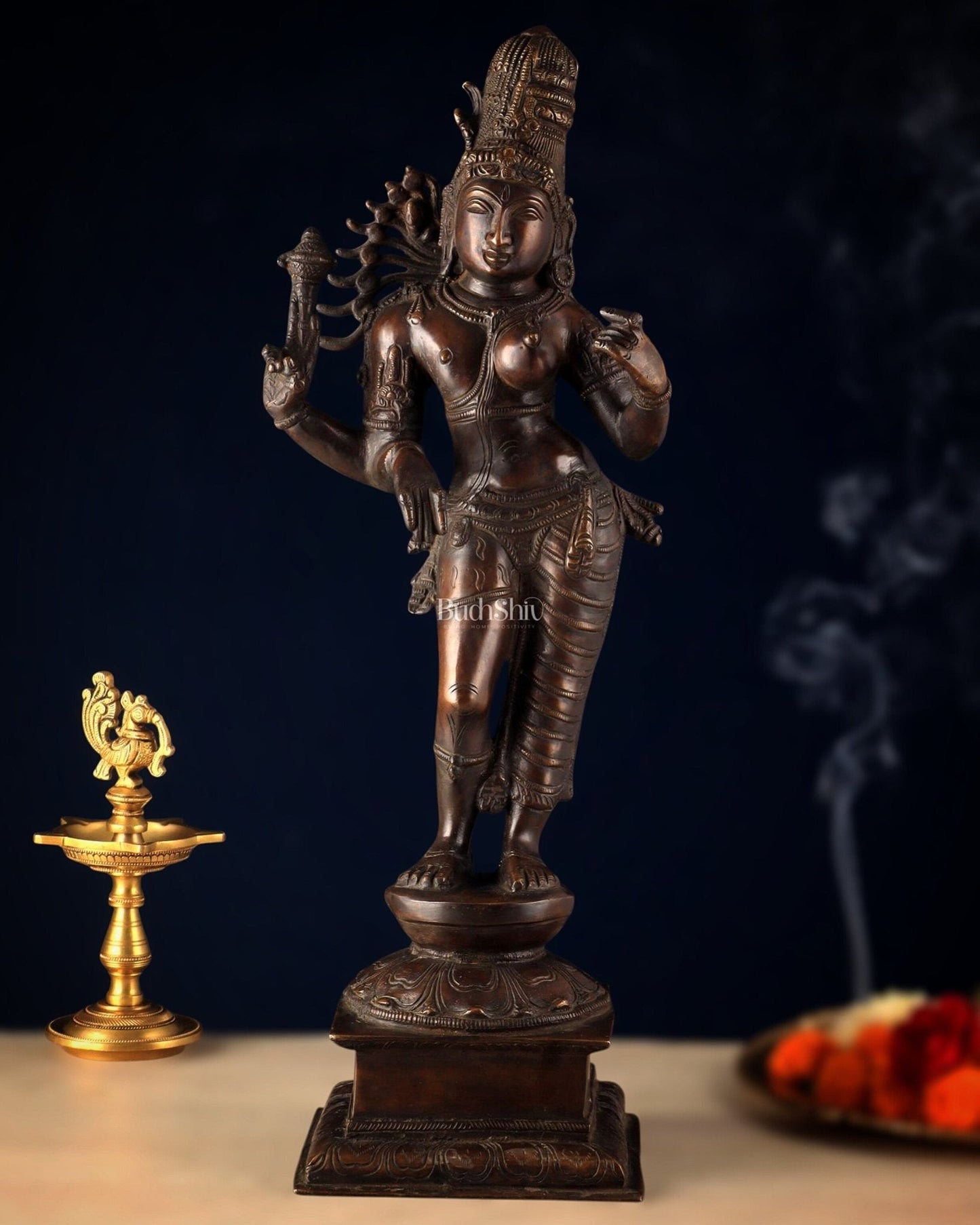 Pure Brass Ardhanarishwara Sculpture – Dark Chocolate Finish, 20.8" - Sama Homes Idol - Brass Sculpture