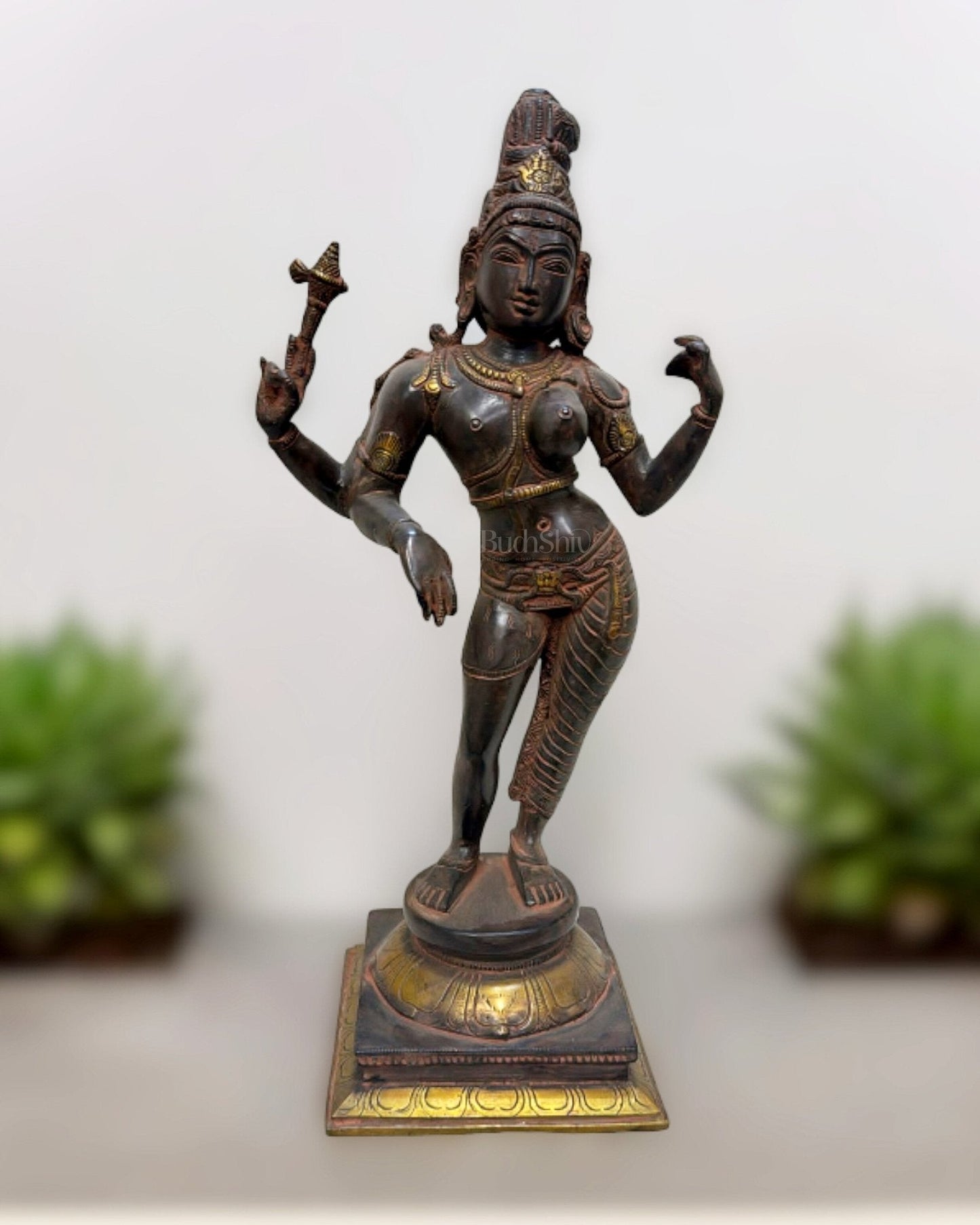 Pure Brass Ardhanarishwara Shiv Parvati Sculpture - 15.2 Inch Antique Sand Finish - Sama Homes Idol - Brass Sculpture